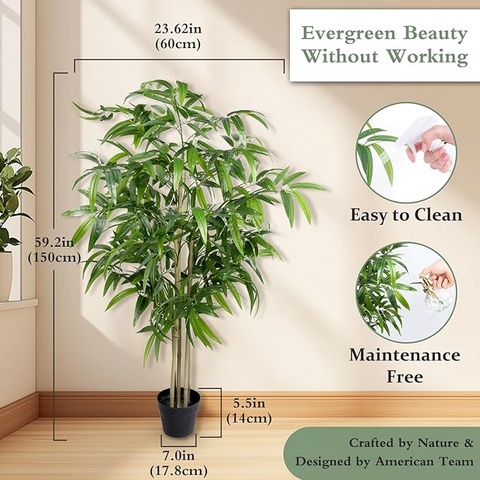 Artificial Bamboo Tree, 5 ft Fake Tree, Faux Silk Plant with Pot, Fake Plants for Home Office Indoor Outdoor Decor, 5 Natural Bamboo Trunks