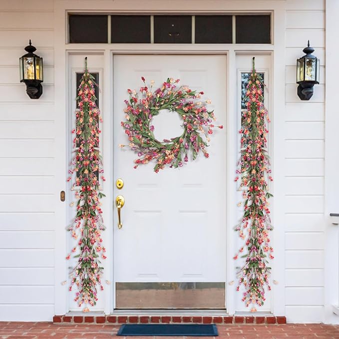 Artgar Front Door Wreath 24 Inch Spring/Summer Wreaths for Front Door, Front Door Wreaths for All Seasons for Indoor Outdoor Home Office Wall Window Wedding Farmhouse Decor (Red&Orange&Purple)