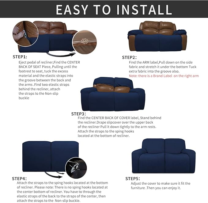 Easy-Going 6 Pieces Recliner Loveseat Stretch Sofa Slipcover Sofa Cover Furniture Protector Couch Soft with Elastic Bottom Kids, Spandex Jacquard Fabric Small Checks Navy