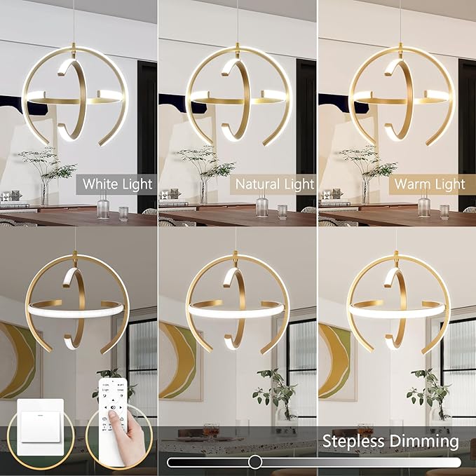 Modern Gold LED Chandelier, Dimmable Metal Brushed Globe Pendant Lights, Hanging Ceiling Light Fixture for Kitchen Island Living Room Room Dining Bedroom Hallway Entryway Foyer 13 Inchs