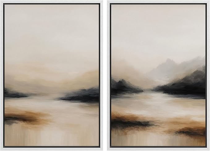 SIGNFORD Framed Canvas Print Wall Art Set Abstract Mountain Landscape Neutral Beige and Black Illustration Modern Art Decorative Nordic Nature for Living Room, Bedroom, Office - 24"x36"x2 White