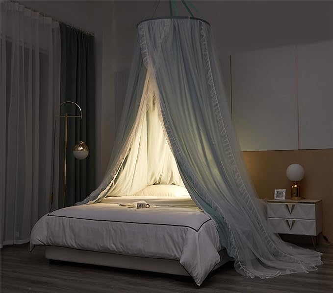 VETHIN Double Layer Princess Round Dome Canopy Bed Curtain for Girls Adults,Children Dreamy Mosquito Net,Cute Bedroom Decoration Castle Play Tent Reading Nook Canopies (Dome-Green/White)