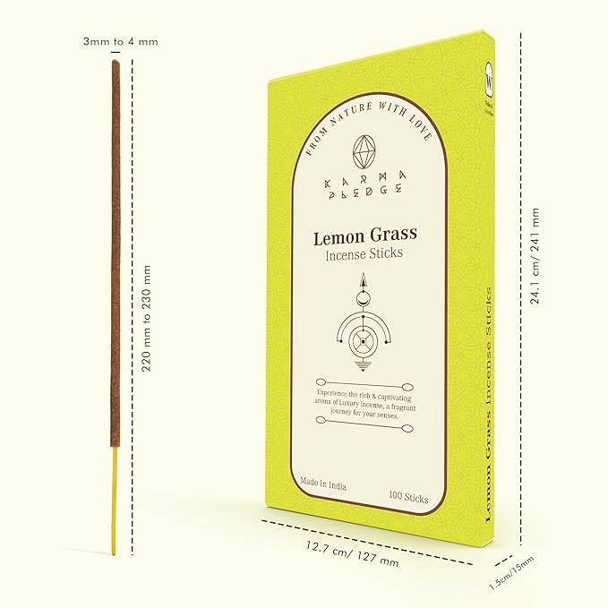 Lemon Grass Incense Sticks, Organic Hand Dipped 100 Sticks with Natural Herbs & Aromatic Ingredients, Burn Time 45 to 60 Minutes, Incense for Positivity, Yoga, Meditation, Relaxation, Spiritual Gift