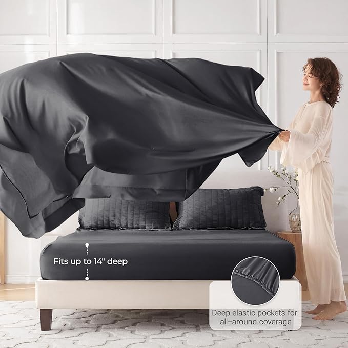 MUXHOMO 5 Pieces Twin Comforter Set, Seersucker Bed in a Bag Twin Size, All Season Luxury Bedding Set with Comforter, Flat Sheet, Fitted Sheet, Pillowcase & Sham, Dark Grey