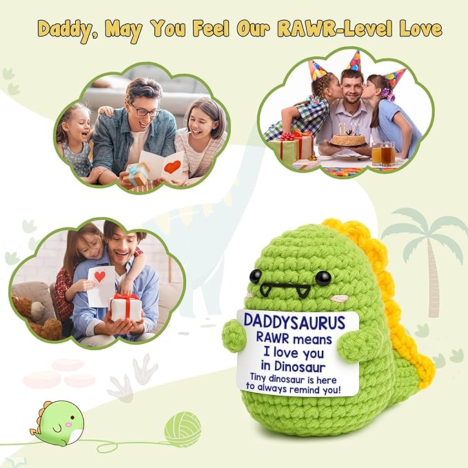 OCCdesign Mini Dad Gifts for Christmas Funny Gifts for Dad from Daughter Son RAWR I Love You Daddy Cute Handmade Crochet Small Dinosaur for Daddy New Bonus Step Dads Father in Law