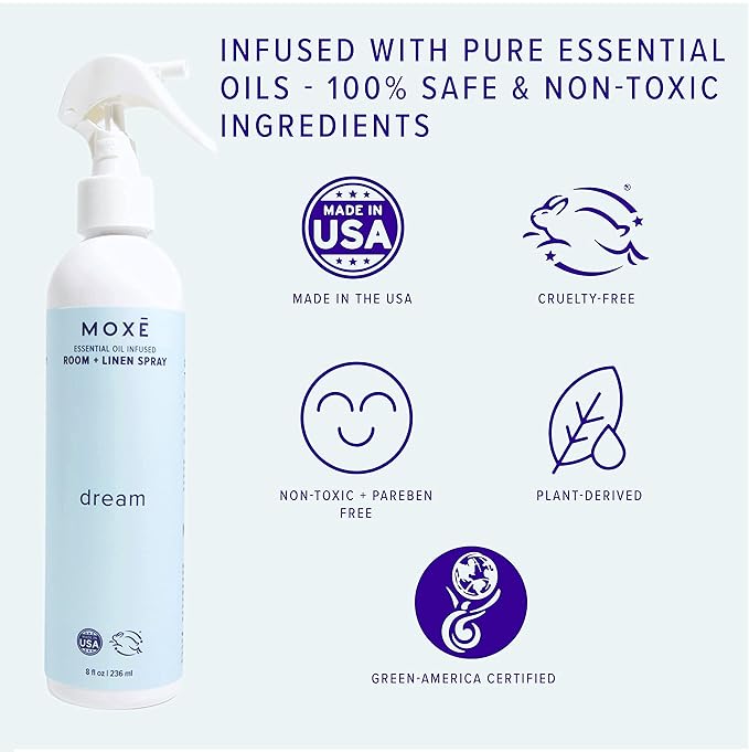 MOXE Dream Linen & Room Spray, Essential Oils for Sleep, Natural Aromatherapy Mist, Bedding, Pillows, Sheets, Home & Bedroom, Lavender, Chamomile, Lemongrass, Grapefruit, 8 Ounces (1 Pack)