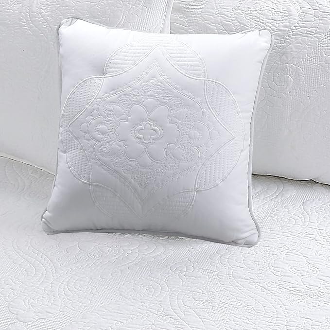 Cozy Line Home Fashions 6 Piece Daybed Cover Set, Solid White Chic Medallion Trendy Damask Quilting All Season Luxury Bedding with Bedskirt, Matching Shams, Decorative Pillow