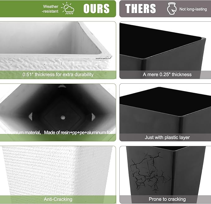 Tall Planters Set Of 2 for Outdoor Indoor Plants,21.3in Large Tapered Plant Pots with Drainage Trays Holes,White Resin Extra-Thick Flower Pots for Outdoor Patio Front Porch Backyard Decor