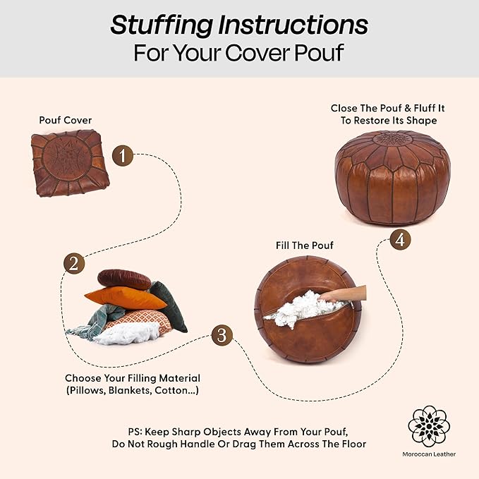 Handmade Moroccan Genuine Leather Pouf Ottoman Cover – Unstuffed Foot Stool Ottoman, Boho Foot Rest Under Desk, Round Ottoman for Living Room, Bedroom - Housewarming Gifts New Home, Weddings Gifts
