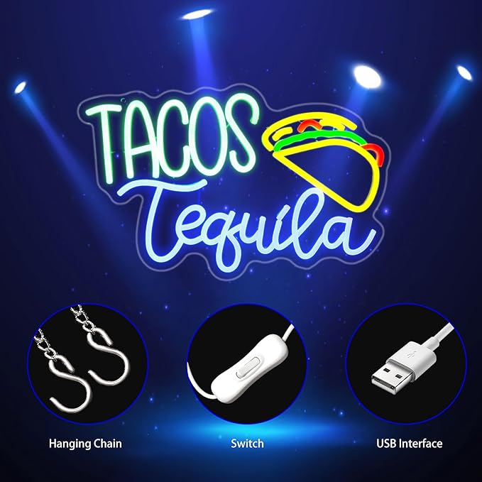 Tacos Neon Sign, Neon Signs for Wall Decor Neon LED Signs Room Neon Light Up Signs Home Decor for Business Restaurant Bedroom Club Party Bar Shop USB Operated
