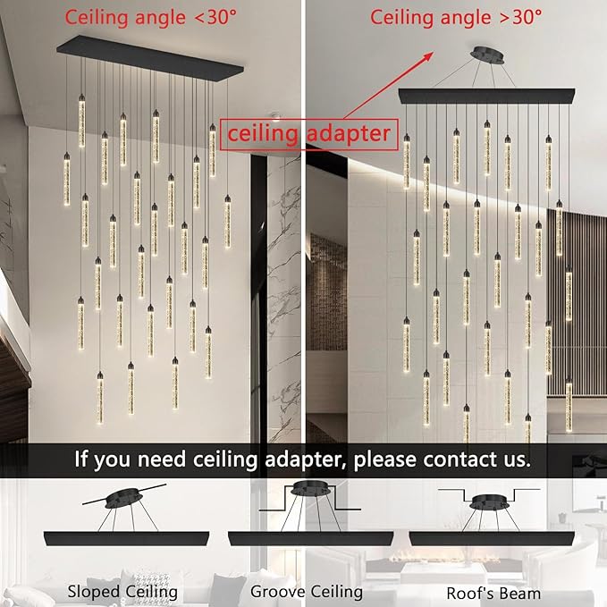 Rectangular Chandeliers 26-Lights Long Light for Entryway LED Dimmable Chandeliers Lighting Fixture Flat Sloped High Ceiling Pendant Lights Crystal for Living Room Foyer Hallway Staircase Black