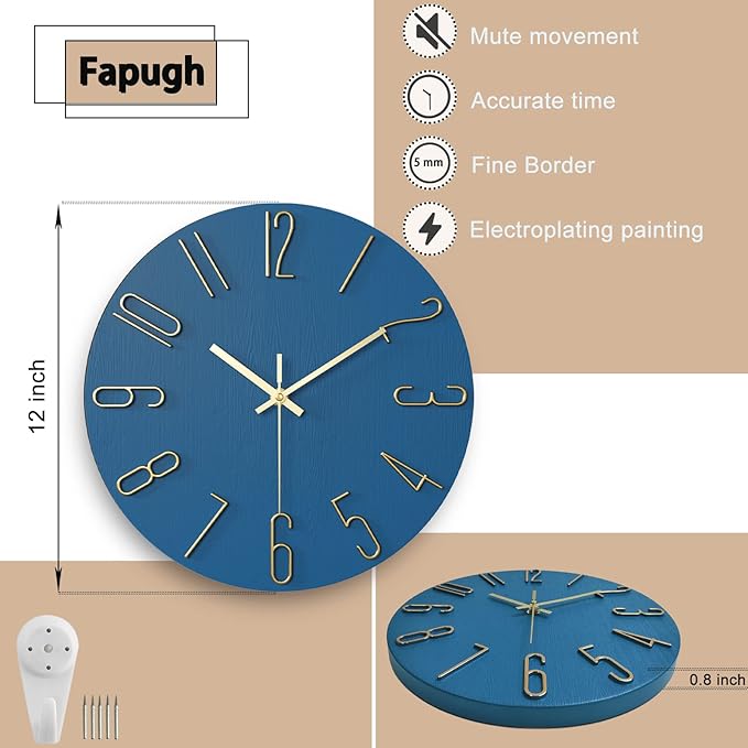 Wall Clock, Silent Clock, Wall Clocks Battery Operated， 12 inch Modern Wall Clock, Suitable for Offices, Living Rooms, Kitchens, Homes, Schools (Blue)
