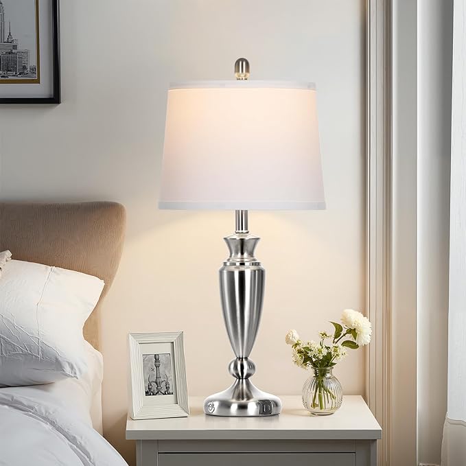 27" Silver Table Lamps for Living Room Single, 3 Way Touch Control Bedside Lamps with USB A+C Ports, Modern Brushed Nickel Bedroom Lamp, Metal Tall Lamp for Nightstand Desk Side Table Office