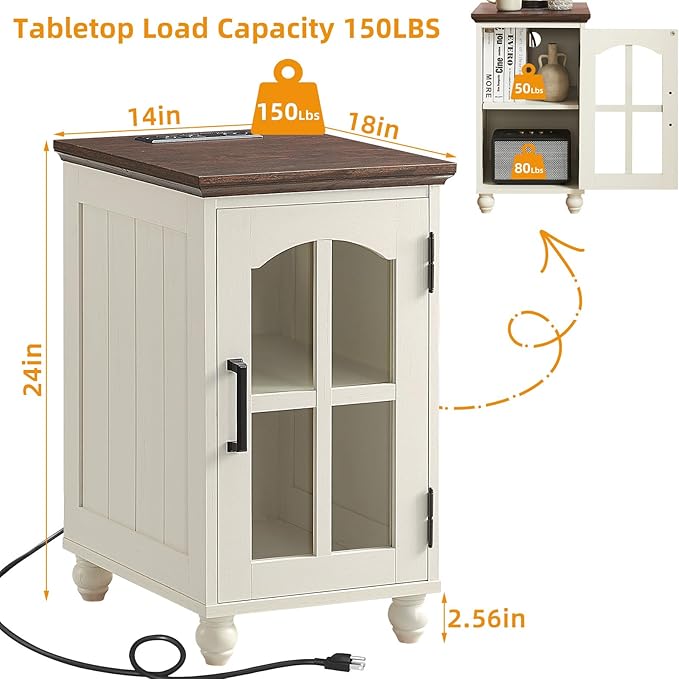 Farmhouse End Table Set of 2 with Charging Station, 18'' Narrow Side Table and 24" Large Sofa Side Table with Glass Barn Door Storage, Wood Night Stand Bedside Table for Living Room,Bedroom