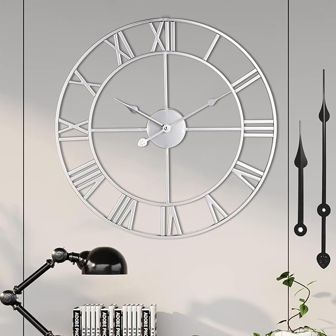 Wall Clock For Living Room Decor - 24 Inch Silent Non-Ticking Decorative Large Wall Clock, Battery Operated Vintage Retro Roman Numerals Metal Silver Wall Clock for Farmhouse, Kitchen, Bedroom Office