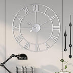 1st owned Large Wall Clock Silent Non-Ticking Roman Numerals Vintage Battery Operated (24 inch,18inch,16inch) Farmhouse Wall Clock for Living Room, Bedroom, Kitchen, Cafe Decor-Silver 40CM