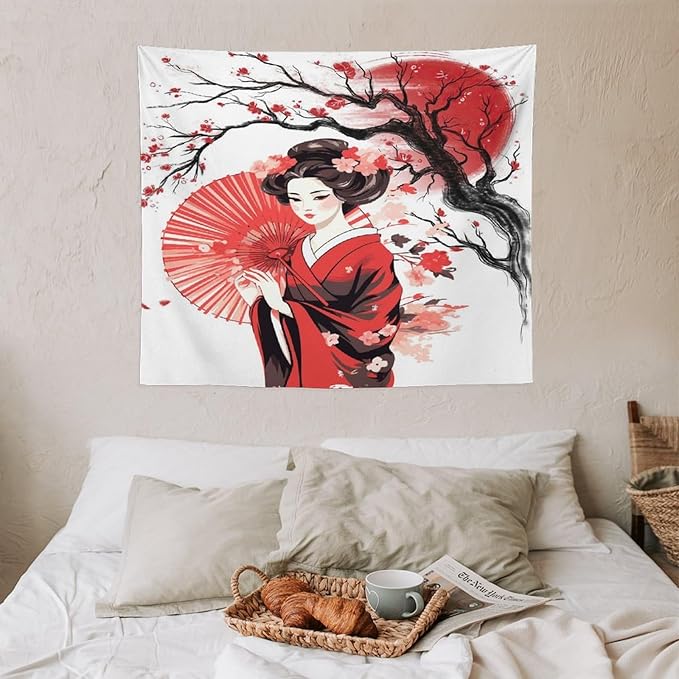 Japanese Red Geisha Tapestry Asian Cherry Blossom Traditional Kimono Folk Tapestries Home Decor for Living Room Bedroom Apartment Farmhouse Dorm 60"x50"