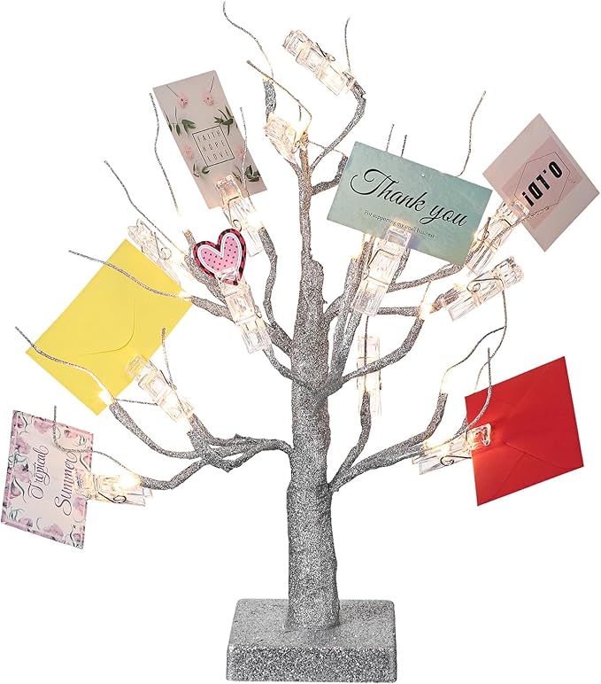 Mudder Money Holder Tree Present Card Holder with 12 Clear Clips LED Birch Twig Lights Tabletop Display Tree for Christmas, Valentines, Memo, Photo, Wedding(Stylish Style,Silver, Warm White)