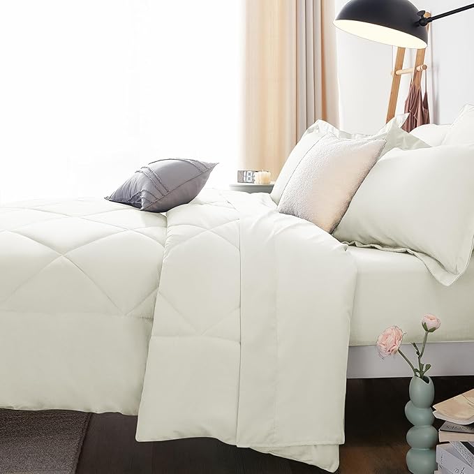 CozyLux Queen Comforter Set Ivory - Bed in a Bag Queen Size 7 Pieces, Luxury Soft Bed Set for All Seasons, Bedding Set with Down Alternative Comforter, Sheets, Pillowcases & Shams