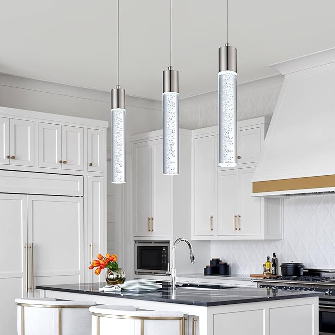 3 Pack Mini Pendant Light,Satin Nickel Kitchen Lighting with Led Bulb, Updated 3D Generation Preminum Bubble Chandelier Light Fixture for Kitchen,Dining Room,Living Room,Corridor……
