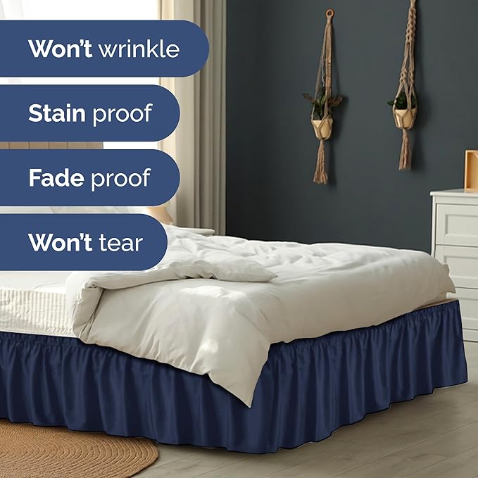 Wrap Around Dust Ruffle Bed Skirt - Navy Blue - for Queen Size Beds with 18 Inch Drop - Elastic Strap - Adjustable Pleated Bedskirt with Brushed Fabric and Wrinkle Free - for Women, Men, Kids & Teens