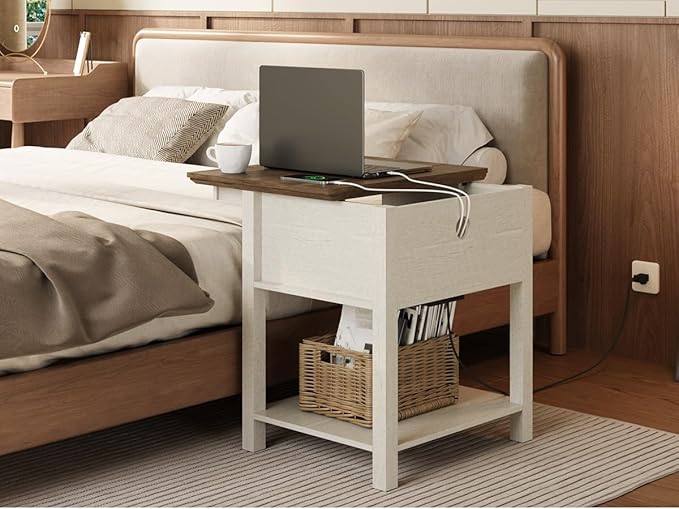 Rresyet Sliding Side Table Set of 2 with Charging Station & 2-Tier Storage,Farmhouse End Table, Wooden Nightstand for Bedroom & Living Room,White