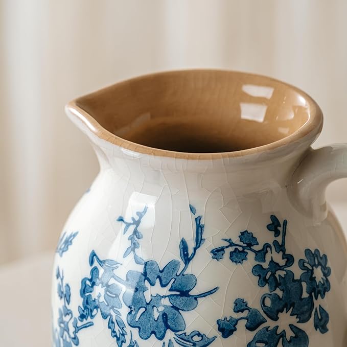 Blue and White Pitcher Vase, 8 Inch Vintage Chinoiserie Ceramic Flower Vase, Rustic Retro Ice Cracked Antique Porcelain Vases for Home Farmhouse Table Centerpieces Shelf Decor