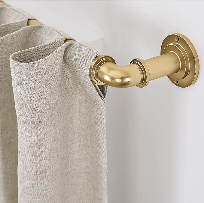 MODE Industrial Room Darkening Collection 1 1/8" Diameter Industrial Curtain Rod Set with Steel Wall Mounted Adjustable Curtain Rod, Blocks Light, Fits 36” to 72” Windows, Brushed Gold