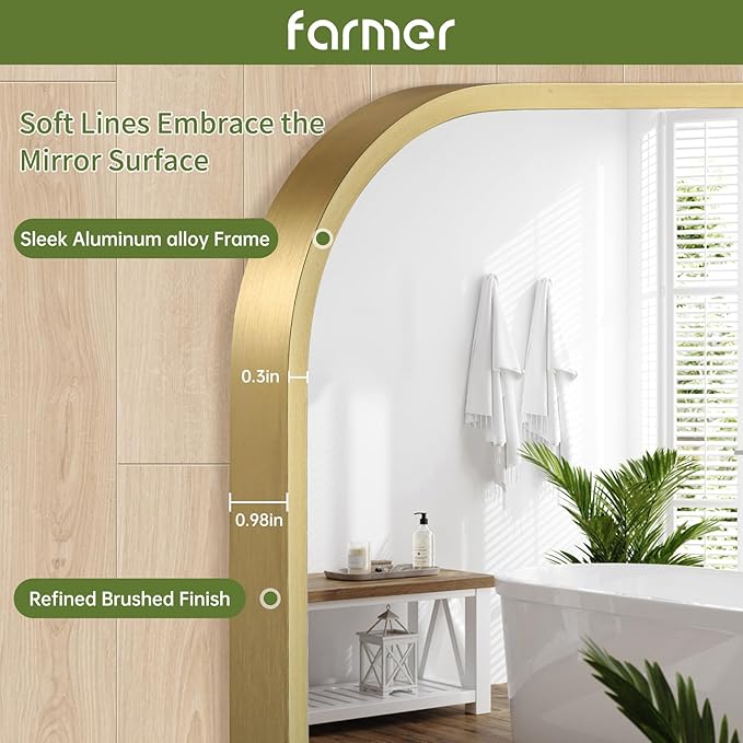 FARMER 24x36 Inch Gold Bathroom Mirror, Rectangle Vanity Mirror, Brushed Mirrors for Wall, Metal Frame Hanging Mirror with Round Corner for Bedrooms, Entryways, Living Rooms, Horizontal/Vertical