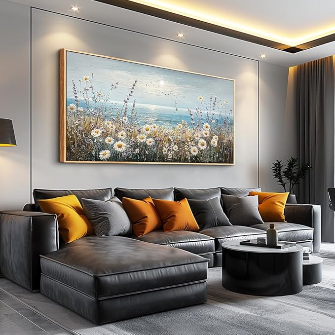 PHAOHUAXM Large Canvas Printing Artworks Mural Wall Decor For Living Room Wall Art For Bedroom Office Decor Blue Ocean Paintings Flowers Watercolour Wall Pictures Home Decor Wood Framed 30x60 In