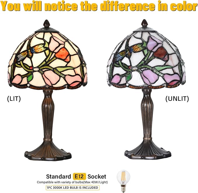 TL0009 Tiffany Lamp Tulip Design Stained Glass Table Lamp 8" D x 14.25" H for Living Room Bedroom Bedside Nightstand Home Office, lED Bulb Included (Tulip)
