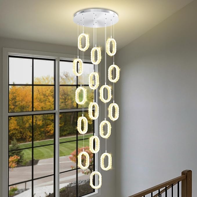 Large Crystal Chandeliers for Stairs Long Spiral Chandeliers for High Ceilings LED Crystal Ring Chandelier Dimmable 2700K-6000K 16-Light Silver