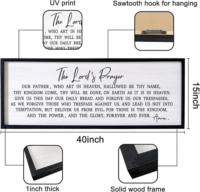 Our Father Prayer Bible Verse Framed Wall Art, 40''×15'' Rustic Religious Christian Lords Prayer Sign for God Jesus Christ Prayer, Horizontal Holy Inspirational Catholic Scripture Decor