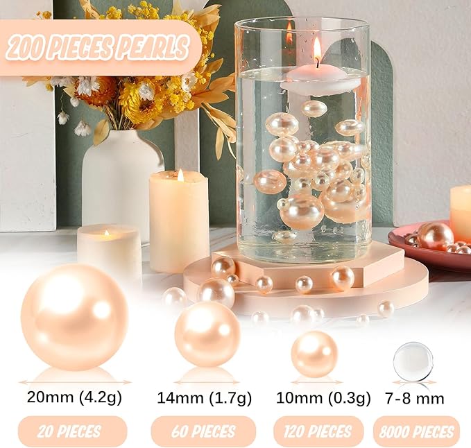 200 PCS Light Champagne Vase Fillers, Pearls Bead for Centerpieces Vases, 10/14/20 MM No Hole Beads, Fake Pearls for Wedding Birthday Anniversary Theme Party Table Centerpieces Decor