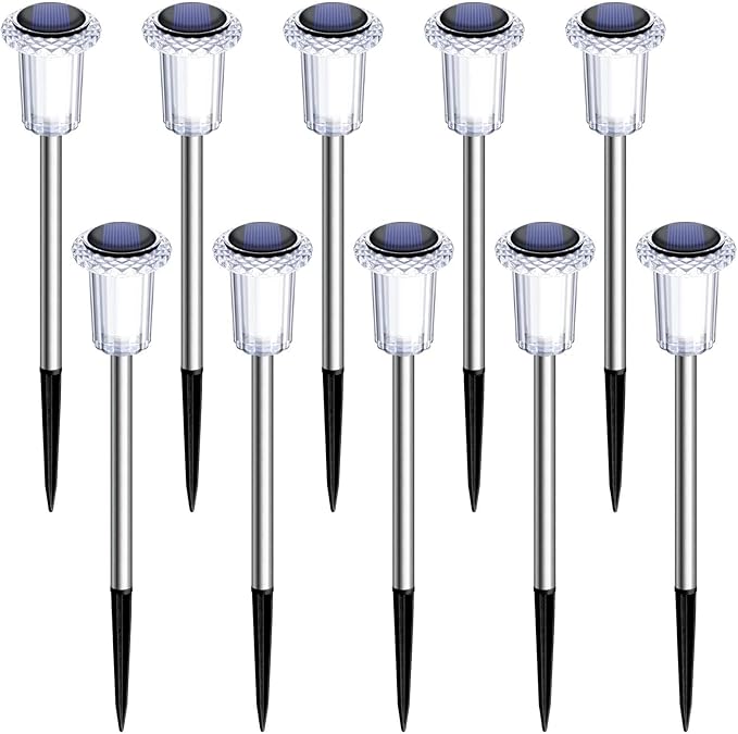 DenicMic Solar Lights Outdoor 10 Pack Waterproof 6000K Cold White LED Stainless Steel Stake for Pathway Yard Garden Driveway Solar Powered Outside Decor