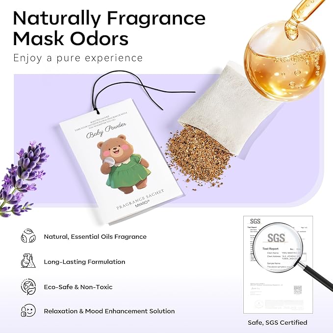MYARO 12 Packs Baby Powder Scent Sachets Room Air Freshener for Closet Drawer Clothes Storage Small Space Odor Eliminator