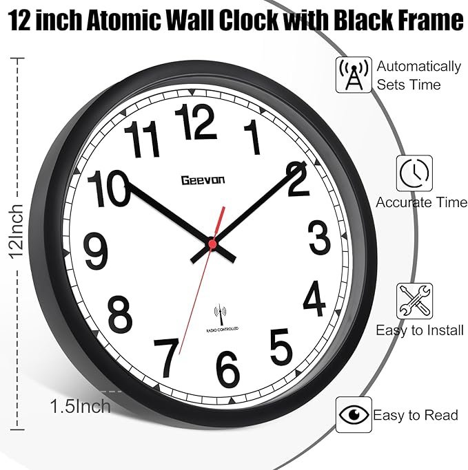 Geevon Atomic Wall Clock, 12" Sets Automatically Wall Clock Battery Operated with AUTO DST, Easy to Read Atomic Analog Clock for Kitchen/Office/Classroom/Living Room(Black)