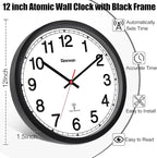 Geevon Atomic Wall Clock, 12" Sets Automatically Wall Clock Battery Operated with AUTO DST, Easy to Read Atomic Analog Clock for Kitchen/Office/Classroom/Living Room(Black)