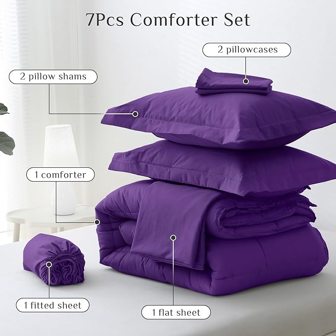 JOLLYVOGUE California King Comforter Set, Ultra-Soft Bed in a Bag Cal King Size 7 Pieces, Oeko-TEX Certified Bedding Set with Down Alternative Comforter, Sheets, Pillowcases & Shams, Purple