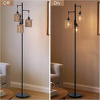 Rattan Floor Lamp for Living Room with 3 Lights,Boho Standing Lamps with Rattan Shades, Rustic Black Vintage Standing Light 70" Tall Tree for Office, Reading, Corner, Blub Included