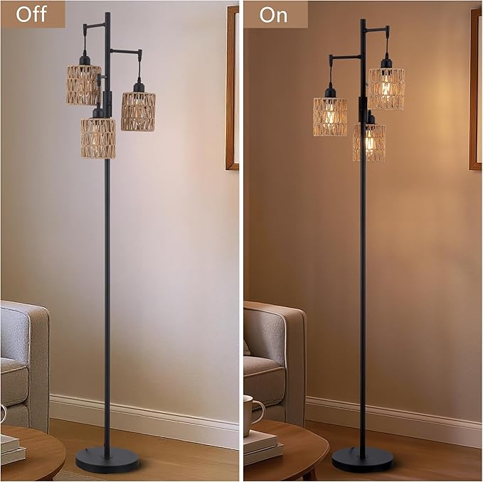 Rattan Floor Lamp for Living Room with 3 Lights,Boho Standing Lamps with Rattan Shades, Rustic Black Vintage Standing Light 70" Tall Tree for Office, Reading, Corner, Blub Included