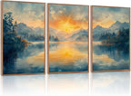 KAlRNE Sunset Mountain Canvas Wall Art,Abstract Scenery Wall Painting,Blue Landscape Lake Pictures,Watercolor Mountains Forests Art Prints For Living Room Bedroom Office Decoration - Framed 16X24 Inch