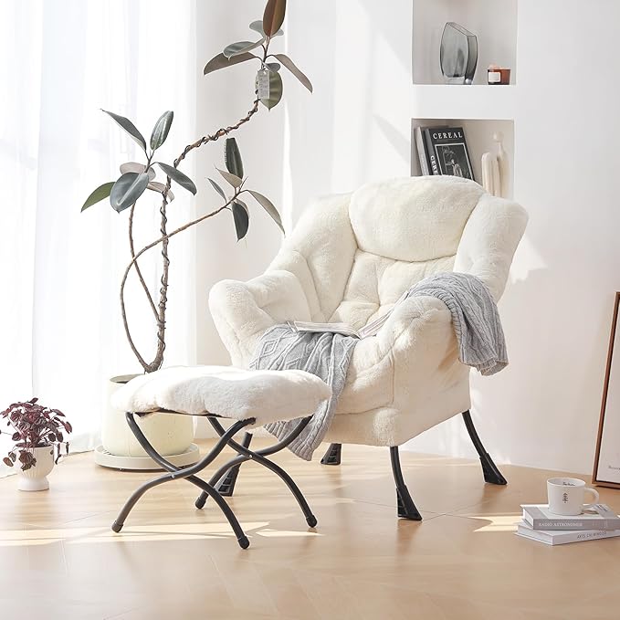 Plush Lazy Chair and Ottoman, Large Contemporary Accent Lounge Chair with Armrests and a Side Pocket, Modern Leisure Upholstered Sofa Reading Armchair with Footrest for Bedroom, Living Room