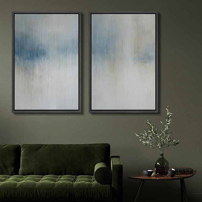 SIGNFORD Framed Canvas Print Wall Art Set Blue and Beige Abstract Modern Neutral Vertical Illustration Modern Art Decorative Nordic Nature for Living Room, Bedroom, Office - 24"x36"x2 Black