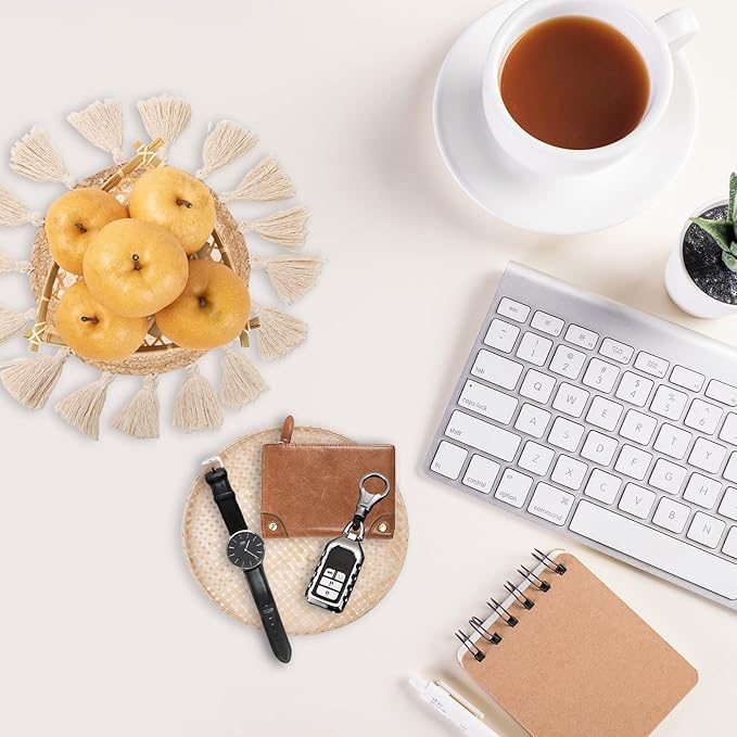 LOCS MICRAI Boho Wall Basket Decor Set of 3 - Flat Woven Basket Wall Hanging Decor,Round Tassels White Macrame Tapestry Wall Decor Art,Handmade Rattan Wicker Seagrass Home Wall Baskets Decor