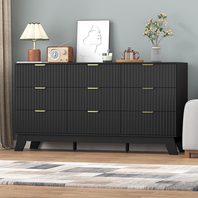 Fluted Black Dresser for Bedroom,9 Drawer Dresser for Closet,57" Wide Storage Cabinet and Chest of Drawers with Gold Handle,TV Stand,Storage Organizer for Living Room,Hallway,Entryway