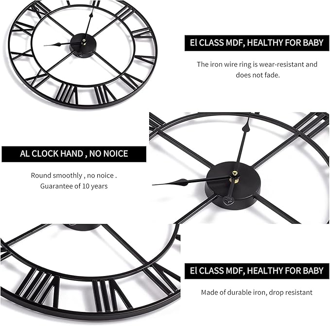 1st owned Large Wall Clock, Metal Retro Roman Numeral Clock, Modern Round Silent Wall Clocks, Easy to Read for Living Room/Home/Kitchen/Bedroom/Office/School Decor (Black, 32 Inch)