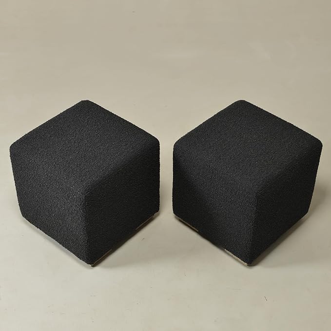 KINWELL 18.5" Wide Modern Square Boucle Upholstered Ottoman with Solid Wood Legs Set of 2, Cube Ottoman Multi-Functional Sofa Footrest, Extra Seating for Living Room, Bedroom, Fully Assembled (Black)