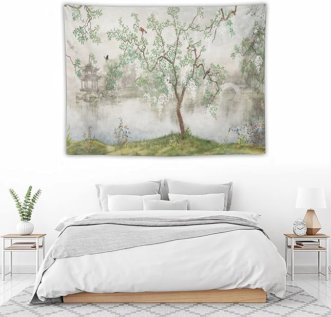 HZOHNAGO Japanese Tapestry Tree Misty Garden Lake Printed Wall Tapestry Ink Painting Wall Hanging for Bedroom Living Room Dorm 40" W x 30" H