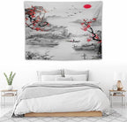 Cherry Blossoms Tapestry, Japanese Red Landscape Watercolor Abstract Art, Asian Japanese Wall Tapestry, Nature Landscape Tapestries for Bedroom Living Room Decor 40"x30"